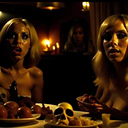 Horror movie shot, spooky, hot, ultra realistic, dine, horns, ultra realistic hot blonde women, party, pieces of meat, organs, ail, dynamic, very excited people, hypermaximalist figures, light, 1970's Italian horror movie, sinister,, Dario Argento, Stanley Kubrik, ornate, 4k, photorealism