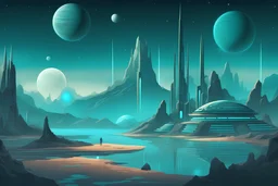 teal and aquamarine space world sci-fi futuristic landscape with a space western town planets and stars in an illustrated anime style