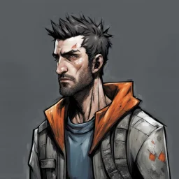 man,, looking serious, comic book, post-apocalypse, grey background