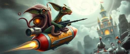 hairy macho gremlin octopus lizard aliens living in a hi tech marvellous hot dog art graphics rocket with a mounted sling shot, heading for venus stone castle, background motion blur and smoke swirls, and cheeky geese