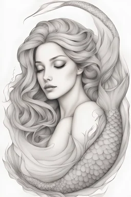 A beautiful sketch with very defined details of a very feminine mermaid with an amazing tail swimming fine line tattoo idea
