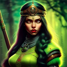 fantaisy setting, medieval fantasy, insanely detailed, woman, indian, dark skinned, green hair strand