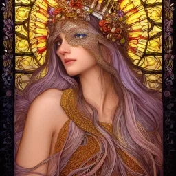 portrait,"Insanely detailed photograph of a beautiful Queen of the light Goddess,gorgeous clean face, highly intricate dress,intricately designed colorful stainedglass decorations in hair,ominous,elegant, highly detailed hair, digital painting, artstation, concept art, smooth, sharp focus, illustration, art by artgerm and greg rutkowski, alphonse mucha,Dan witz, 8 k,looking downward,album cover art,fantasy