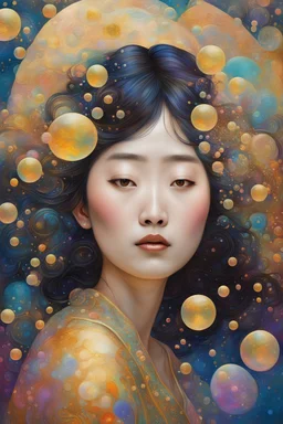 asian woman in a world of bubbles, colorful, painterly, like a painting, mystical, wonder, mysterious, psychedelic art, gustav klimt style, gold leaf, romantic, art nouveau, celestial, cosmic, dreamy