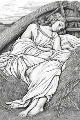 bible Realistic Beautiful Natural Ruth laying on the hay sleeping full body picture Black and white Coloring page