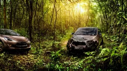 A Tesla's 'Model S Plaid' is racing at top speed, across a jungle of the Jurassic Period. CINEMATIC. WIDE ANGLE LENS. PHOTO REAL.