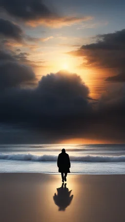 A lone figure walking along a vast, empty beach at sunset, a big creature blurred face appeared behind a mysterious cloud ,their silhouette stark against the hyperrealistic sky reminiscent of the work of Halim Ghodbane, with crashing waves rendered in the detail of Jason De Graaf. (combines Halim Ghodbane & Jason De Graaf)