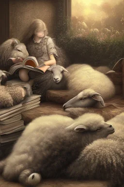 one black sheep reads a book on other site white sheep herd sleep going down