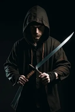 young human rogue holding knives in dark medieval clothing hood down full body