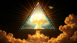 a nuclear explosion cloud(middle) framed from behind by a triangle of stained glass surrounded by radiant lines from the center, the wind and smoke from the explosion forming shapes of attractive dancing women(bottom) and cherubs/cupids(top) in the clouds, religiose art, angelic light