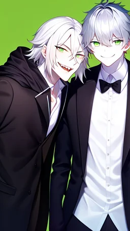 plauge doctor in balck leather coat and suit with silver hair, pale skin and bright green eyes smiling with sharp teeth, nice young face, male, viscious smile