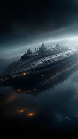 ,surrealism of the dark of a nightmare , hyper photorealistic, hyper detailed dark art color, high resolution, fog, octane render, tilt shift, HDRI Environment, all pictures dark gray, a long cigar shape spaceship in the sky