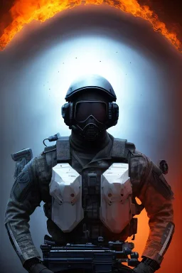 All Black American soldier, high tech special forces helmet, navy seals soldier, G.I. Joe, white smoke, dark, rage, sorrow, high definition, ultra 8 k, volumetric lighting, blue fire, fog