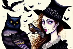 Witch, playing with owl and black cat, perfect iris, ink and pencil, style Elizabeth Kreitz