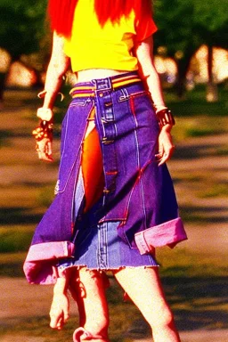 year 1996 denim fashion. Loose skirt, low waist. Colors: denim blue, blue, purple, cream, khaki, light green, lilac, plum, orange, terracotta, red, light yellow, lion yellow, pink, dark blue, beige. Gwen Stephani, Missy Elliot, Shirley Manson.