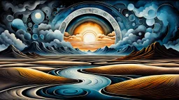 Abstract Landscape in surreal iced desert. The scene features circles and ovals, all enhanced by overlapping shadows and reflections, adding depth and dimension. The sky is dramatic, filled with swirling dark clouds and lightning, creating an intense atmosphere. The color palette consists of rich, deep hues, shdows and lights, watercolor and dark ink techniques brings a cinematic and dreamlike, stunning