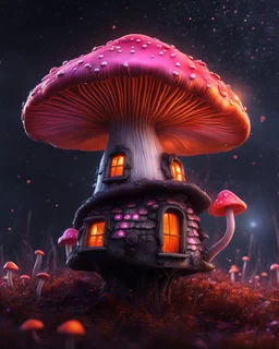 A solitary floating mushroom house on a clear night. silver and orange and pink, Dark cosmic interstellar. Detailed Matte Painting, deep color, fantastical, intricate detail, splash screen, hyperdetailed, insane depth, concept art, 8k resolution, trending on Artstation, Unreal Engine 5, color depth, backlit, splash art, dramatic, High Quality Whimsical Fun Imaginative Bubbly, perfect composition