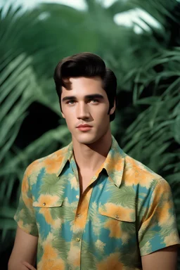 full color Portrait of 18-year-old Elvis Presley with medium length bob-styled brown hair, a mustache, wearing a Hawaiian shirt and Bermuda shorts- well-lit, UHD, 1080p, professional quality, 35mm photograph by Scott Kendall