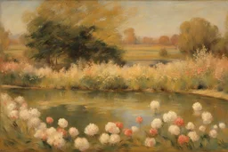 amazing sunny spring day, trees, flowers, fence, little pond, philip wilson steer impressionism painting