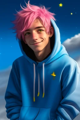An androgynous young man with tousled pink hair and golden eyes floating among the stars wearing a light blue hoodie and black board shorts. He is smiling softly and holding a star in one hand.
