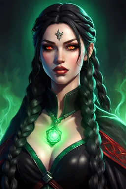Hexblood warlock female character. Lightly tanned skin. Long straight jet-black hair to the waist. Half-up hairstyle with two loose Dutch braids on each side. Bright glowing pale emerald-red eyes. Delicate face. High cheekbones. Full lips. Soft smile. Slightly pointed ears. Faint dark vine-like markings on neck and collarbone. Black cloak. Realistic dark fantasy. Highly detailed. Cinematic lighting.