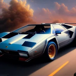 hyperrealism Drawing of 'Lamborghini Countach' three quarter frontal aerial view, by gaston bussiere, greg rutkowski, yoji shinkawa, yoshitaka amano, tsutomu nihei, donato giancola, tim hildebrandt,oil on canvas, cinematic composition,Sharp detail,extreme detail,fit full head inside picture,16k