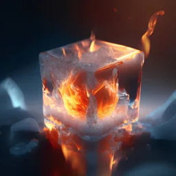 Photoreal magnificent extreme close-up of a gorgeous flame inside a ice cube by lee jeffries, 8k, high detail, smooth render, unreal engine 5, cinema 4d, HDR, dust effect, vivid colors