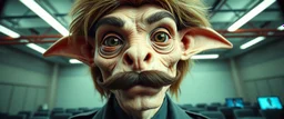 airbrush and pen outline, wig, french art mustache , extreme close up on cheeky fluffy weasel goblin alien military prison guard news anchor elf family scumbag in the style of Escher and Giger and Fallout 4, pinhole cam, airbrush 3d rendering, on tv screen:A five-second cinematic single take in a clean industrial presentation hall.