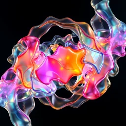 A hypnotic loop of colored translucent 3D structures evolving and morphing, fluid geometry shifting between organic and geometric forms, iridescent glass material with internal glow, smooth camera orbit, dark gradient background, seamless motion, cinematic lighting, generative art style, 4k.