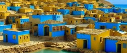 A blue village near a beach designed in ancient Egyptian hieroglyphics painted by Gustav Klimt