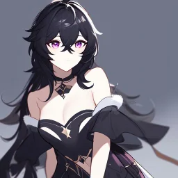 Clear focus, High resolution, rough line sketch art, long black hair, hair between eyes, fluffy hair, purple eyes, wearing a off shoulder shirt, no spaghetti strapes, dark aura, 1girl, wearing a skirt, genshin impact, wearing a little bit revealing outfit