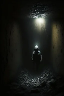 character in semi-darkness, on the scree cone of an underground room dimly lit by daylight coming from a well located forty meters above.