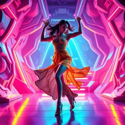 Futuristic sci-fi style, a pretty woman dancing energetic salsa with fluid, expressive movements, on a futuristic evolving stage with morphing 3D geometric structures, pulsating to the rhythm, dynamic vibrant neon lights, volumetric
