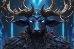 Beast Shadow symbiote in 8k realistic anime drawing style, blue neon crystal antlers deer, human model, close picture, fantasy Deer them, intricate details, highly detailed, high details, detailed portrait, masterpiece,ultra detailed, ultra quality