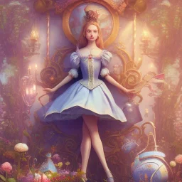 whole portrait of "Alice in the wonderland",Award-winning, detailed eyes, Realistic lighting, cinematic lighting, octane render, 8k ,elegant,smiling, by Chie Yoshii and disney background Olivetrees in style of salvatore Dali