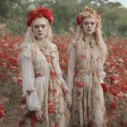 Elle fanning and dakota fanning as flowers, red, in africa