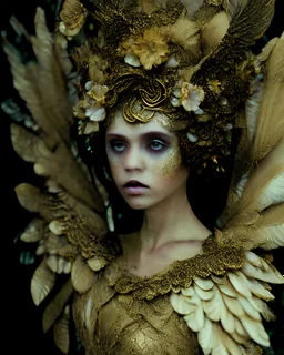 Beautiful young faced decadent angel rococo voidcore dhamanismstyle moss covered dusty rusty floral metallic wooden quilling filigree caved angel wings textured angel feathers filigree headdress woman portrait wearing moss covered ivory caved metallic golden filigree filigree mineral malachitdecadent angel wearing owers dust and rust covered bqroque dress organic bio spinql ribbed detail of transculent malachit mineral stones extremely detailed surrealistic maximqist concept close up portrait ár