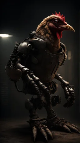 chicken monster robot with eerie lighting and a haunting atmosphere , photo / ultra realistic cinematic