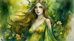 beautiful lady with more much softer gold dress and just a little bit of soft green on the dress and flowers in her long flowing hair, gold and dark green flowers at the bottom of her dress, show top of head, eyes looking up, in watercolor, real life looking, fantasy garden, fantasy sparkling, wet on wet watercolor, shimmering, Shining, Metallic colors, Extremely detailed, Beautiful lighting, photorealistic, ultra-realistic, 32K, 18K, digital graphics, HD, HDR, UHDR