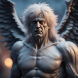 boris johnson grey angel nephilim vampire with muscles and big wig, Guiding souls through twilight, where the shadows flee In this realm of aftermath, phantoms softly tread Following the will-o-wisp, where the lost are led ,bokeh like f/0.8, tilt-shift lens 8k, high detail, smooth render, down-light, unreal engine