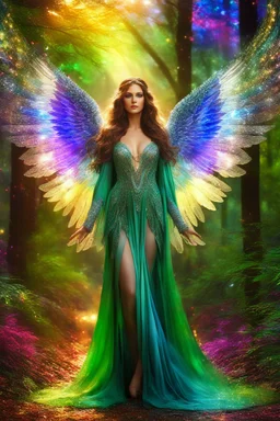 Gorgeous Photography Realistic Natural Beautiful Angel woman straddle wings with gown shiny brown flowing hair, glitter colorful Angel wings, lovely glowing green eyes, surrounded by magical colorful forest and flickering lights, digital photography, kaleidoscope, vibrant colors, vivid colors, colorful,she wak in magic forest full sparkling light