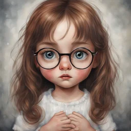 Little girl , in the style of Margaret Keane, long hair, ,very huge damp eyes, large glasses, close up, very long eyelashes, freckles, red nose