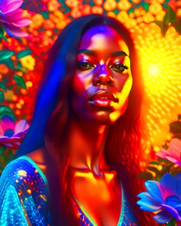 masterpiece, iridescent, ebony female with long hair surrounded by flowers, hyper realism, 8k, ultra detailed, photorealistic, ultra realistic, cinematic lighting, glowing, sun in background
