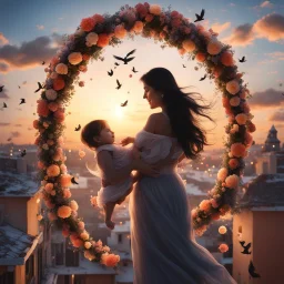 Hyper Realistic Photographic-Silhouette view of a beautiful mother with long-black-hair-whirling, carrying & happily-playing with her smiling-baby in her hands on a rooftop decorated with flower-arches, garland-lights-&-petals-whirling with cloudy-sunset-behind & silhouette-of-birds-flying showing dramatic & cinematic ambiance.