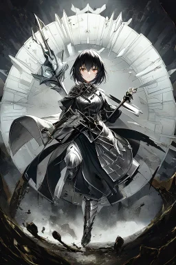 Anime girl with short black hair and sharp green eyes holding a sinister spear, full body black and white metal plate armour, full body shot, Dramatic lighting,1woman, soaked in blood,Warrior