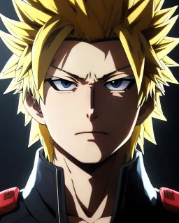 Detailed anime portrait of bakugo from my hero academia, gold hair and golden eyes, black suit, intricate details, full body portrait, keep head in frame, slight smile, black Japanese motif, concept art, highly detailed, digital painting, concept art, sharp focus, illustration, art by Yoji Shinkawa, WLOP and greg rutkowski and alphonse mucha and artgerm and yanjun Chen and Junji ito and Makoto Shinkai, HDR, octane render