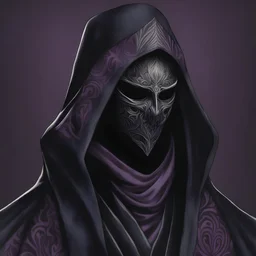 warlock, black mask with grey-yellow patterns, black robe with ash purple patterns, dark, ominous, ash purple, grey background
