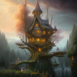 valley, fairytale treehouse village covered,, matte painting, highly detailed, dynamic lighting, cinematic, realism, realistic, photo real, sunset,detailed, high contrast, denoised, centered, michael whelan