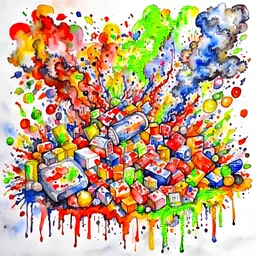 Create an asymmetrical balanced watercolor artwork of Hash drug , heavy brushstrokes, conveying the loss of control and disintegration caused by substance abuse.