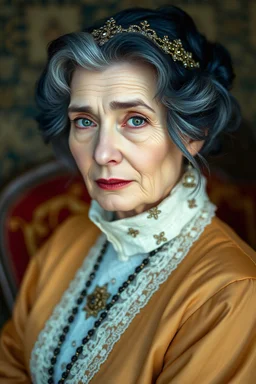 older lady with dark blue hair that is a queen